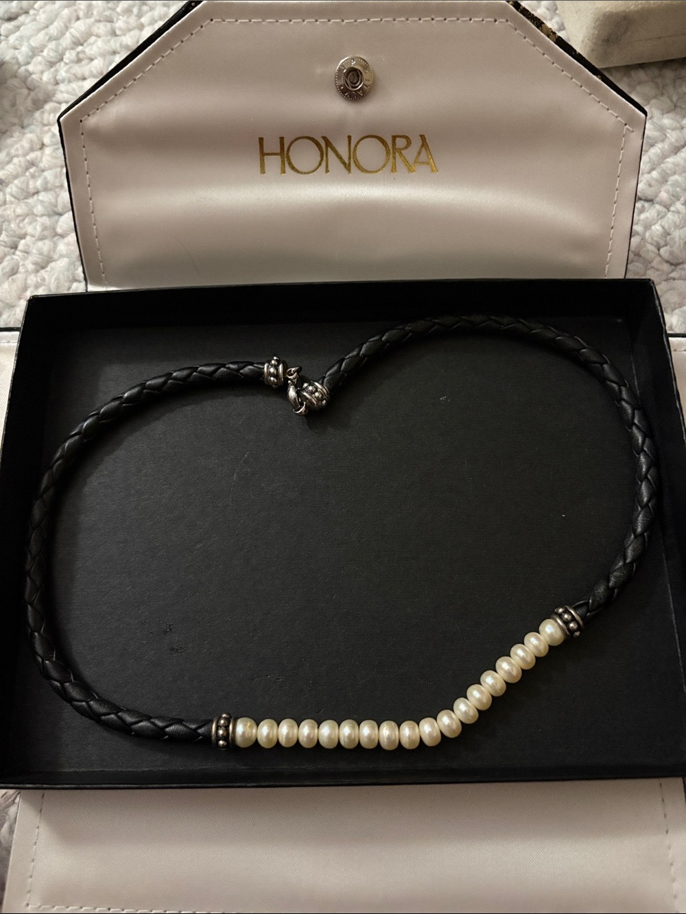Honora Black Braided Leather Necklace with Cream Pearls